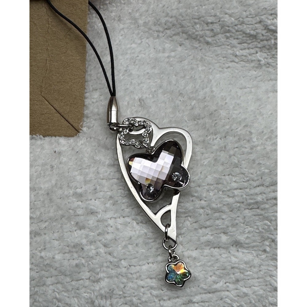 Heart‎ Butterfly Rhinestone Cellphone Charm Strap Silver Tone Dangle Cute Y2K